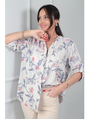 By Saygı Kadın Tek Cepli Desenli Ithal Keten Gömlek