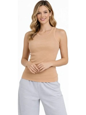 Fitilli Atlet Sıfır Yaka Slim Fit Arka Baskılı Spor Atlet - Bej