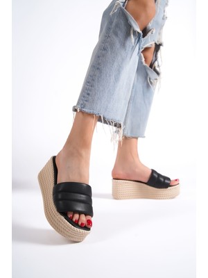 Aesco Reına Dolgu Topuklu Ortopedik Taban Hasır Görünümlü Kadın Terlik Ckt - Siyah