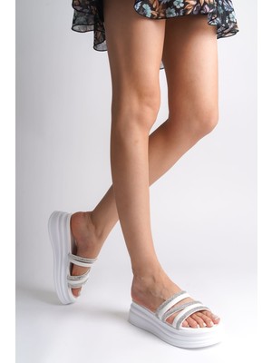 Aesco Elıse Düz Topuklu Şeritli Taşlı Kalın ve Ortopedik Taban Kadın Terlik  Cbt - Beyaz