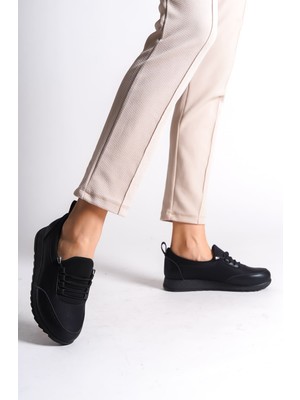 Aesco Vıolet Bağcıklı Lastikli Ortopedik Rahat Taban Cilt Detaylı Klasik Kadın Babet Anne Ayakkabısı Cst - Siyah