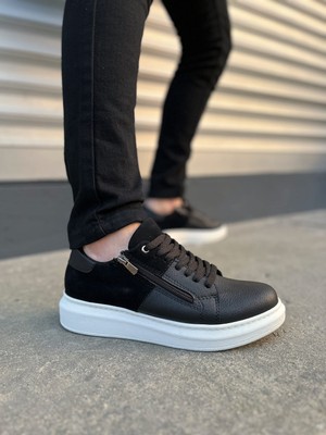 Aesco JY155 Warrior Bağcıklı ve Fermuarlı Cilt Süet Erkek Günlük Sneaker Ayakkabı Csbt - Siyah