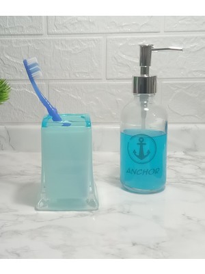 Feyza Design Banyo Seti, Çiftli Sıvı Sabunluk ve Diş Fırçalığı, Gemiçi Çipası ve Buz Mavi