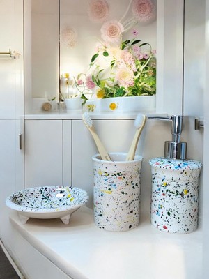 Feyza Design Red Seramik Banyo Seti, Terrazzo Tasarımı, 3 Parça, Şık ve Fonksiyonel