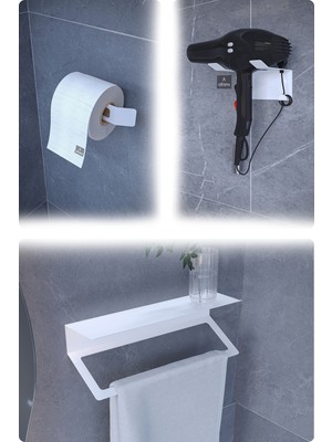 Feyza Design Metal 3’lü Set: Tuvalet Kağıtlık, Havlu Askısı ve Fön Tutucu