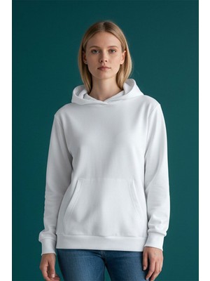 Evavi Kadın Baskısız Kapüşonlu Kanguru Cepli Beyaz Sweatshirt