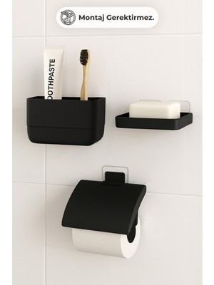 Feyza Design Yapışkanlı 3'lü Banyo Aksesuar Seti, Modern Antrasit Renkli Tasarım