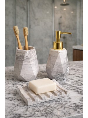Feyza Design Mermer Desenli Beton 3’lü Banyo Seti, Sıvı Sabunluk ve Tepsi Siyah Beyaz