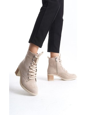 Aesco Lena Bağcıklı Fermuarlı Ortopedik Taban Topuklu Süet Kadın Bot  Stt - Ten