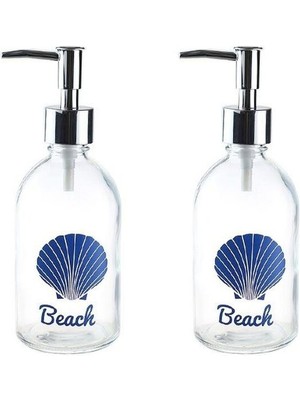 Feyza Design Cam Sıvı Sabunluk Seti, Plaj Desenli, 6X6X10CM, 250ML, Şık ve Kullanışlı