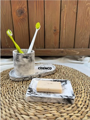 Feyza Design 3 Parça Beyaz Beton ve Mermer Desenli Banyo Seti, Sabunluk, Diş Fırçalık