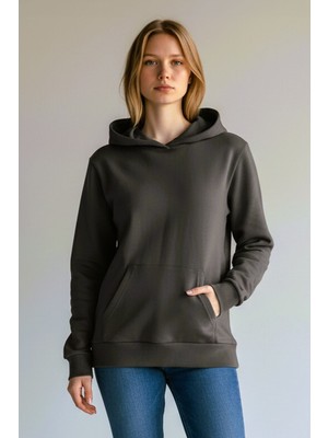 Evavi Kadın Baskısız Kapüşonlu Kanguru Cepli Siyah Sweatshirt