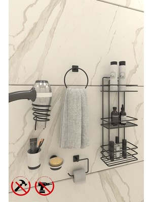 Feyza Design Şık Siyah Kare Set: Havluluk, Tuvalet Kağıtlık, Fona ve Dış Fırça Sabun