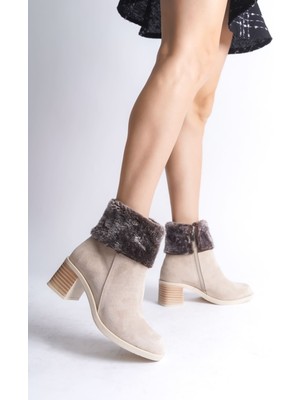 Aesco Katya Fermuarlı Ortopedik Taban Topuklu Kürk Detaylı Süet Kadın Bot  Stt - Ten