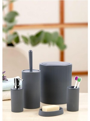 Feyza Design Şık Tasarımlı 5'li Çizgili Yuvarlak Banyo Takımı Gri