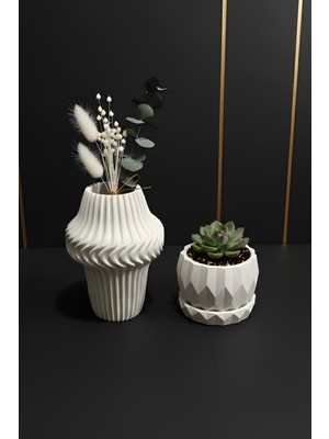 Feyza Design Modern Dalgalı Vazo ve Geometrik Saksı Seti, Şık Dekorasyon Unsuru