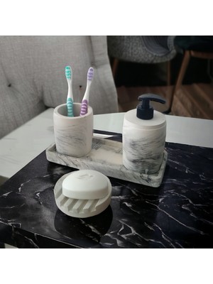 Feyza Design Şık Beton Banyo Aksesuar Seti, 4'lü, Sıvı Sabunluk ve Diş Fırçalığı