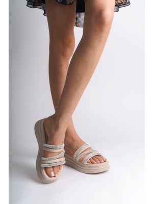 Aesco Elıse Düz Topuklu Şeritli Taşlı Kalın ve Ortopedik Taban Kadın Terlik  Ckt - Krem