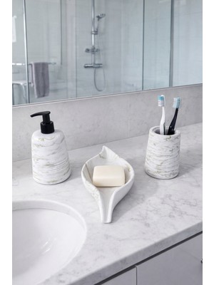 Feyza Design Şık Oval Mermer Desenli 3 Parça Banyo Seti, Diş Fırçalık ve Sabunluk