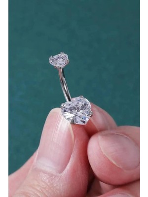 Jaida Moda Kadın Gümüş Renkli Kalp Zirkon Taşlı Çelik Göbek Piercing Şık Tasarım