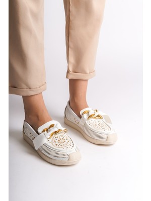 Aesco Lydıa Bağcıksız Ortopedik Rahat Taban Çiçek Desenli Kadın Babet Ayakkabı  Ckt - Beyaz