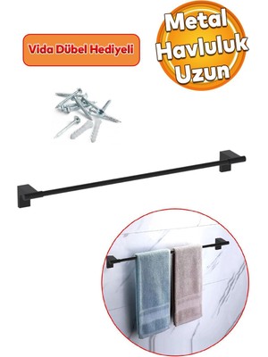 Feyza Design Paslanmaz Metal Uzun Havluluk Vidalı Siyah Banyo ve Mutfak Askısı