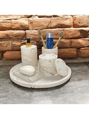 Feyza Design Rustik Mermer Desenli 5 Parça Beton Banyo Aksesuar Seti