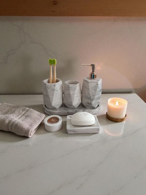 Feyza Design Mermer Desenli Beton Banyo Seti, Sabunluk, Diş Fırçalığı, Kulak Çubuğu, Mumluk