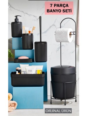 Feyza Design 7 Parça Siyah Banyo Seti, Metal Stantlı, Wc Kağıtlık, Kozmetik ve Diş Fırçalık
