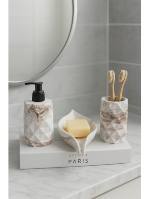 Feyza Design 3'lü Kahve Mermer Desenli Banyo Seti, Sabunluk ve Diş Fırçalık