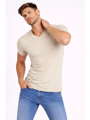 Erkek T-Shirt V Yaka Slim Fit Dar Kesim Likralı Tişört Günlük Basic Body - Taş