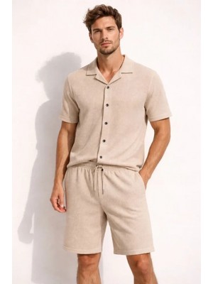 Erkek Waffle Kumaş Kısa Kollu Gömlek Şort Takım Regular Fit Yazlık Ikili Set - Bej