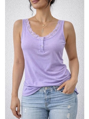 Kadın Omuz Askılı Dantel Güpür Detay Bluz