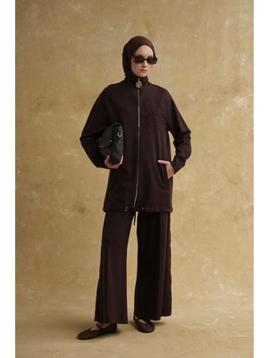 Armine Nakış Detaylı Örme Takım Acı Kahve