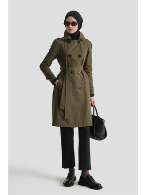 Armine Düğmeli Basic Trençkot Haki