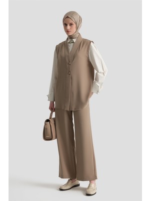 Armine Düğmeli Oversize Yelek Vizon