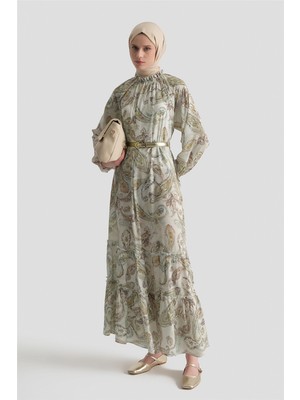 Armine Şal Desenli Elbise Beyaz