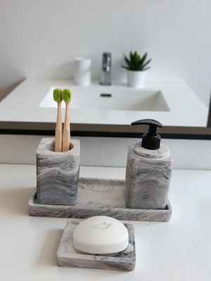 Feyza Design 4'lü Mermer Desenli Banyo Seti ve Beton Aksesuar Takımı