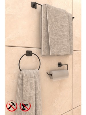 Feyza Design Siyah Yapışkanlı Banyo Seti, Uzun Havluluk ve Yuvarlak Peçetelik