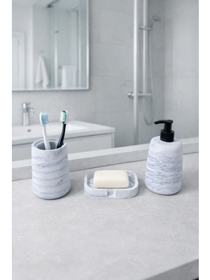 Feyza Design Dekoratif 3 Parça Oval Mermer Desenli Banyo Takımı