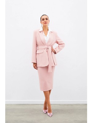 Sateen Midi Boy Tüvit Etek - Pudra