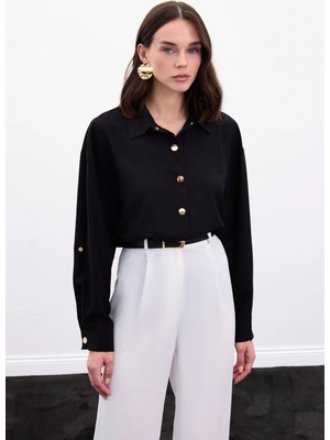 Sateen Çıtçıt Detaylı Gömlek - Siyah