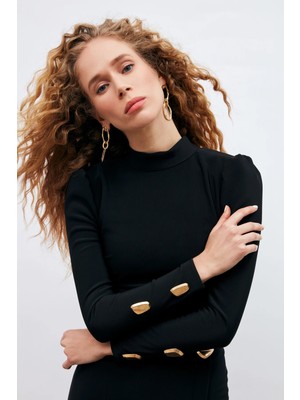 Sateen Düğme Detaylı Crop Bluz - Siyah