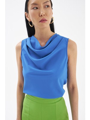 Sateen Degaje Yaka Kolsuz Bluz - Sax Mavi