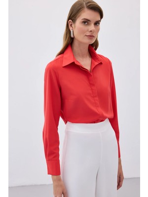 Sateen Klasik Düz Gömlek - Kırmızı