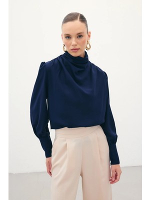 Sateen Drape Detaylı  Bluz - Lacivert