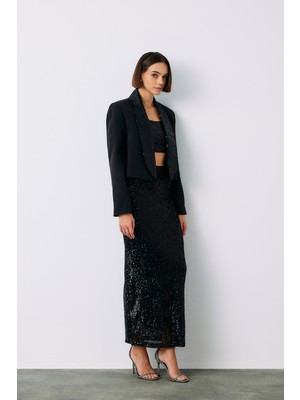 Sateen Karolin Midi Etek - Siyah