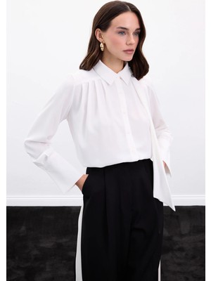 Sateen Fularlı Gömlek - Ekru