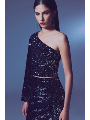 Sateen Tek Kollu Crop Bluz - Gümüş