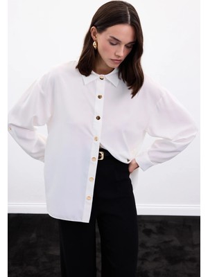 Sateen Çıtçıt Detaylı Gömlek - Ekru